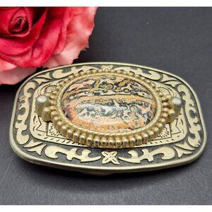 Gold Tone Black Enamel Belt Buckle Leopard Skin Jasper Stone Made In USA 2 X 3"